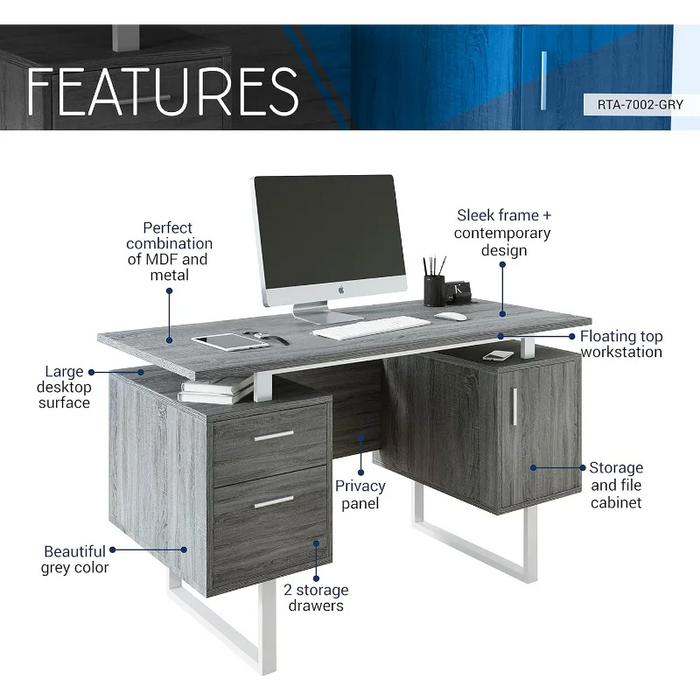 Modern Office Desk with Storage, Gray
