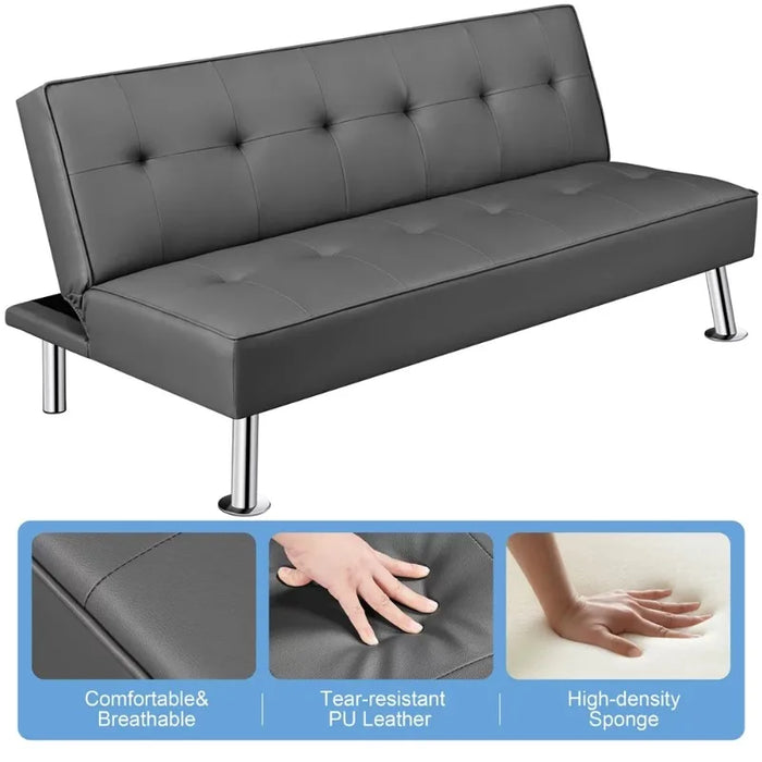 SmileMart Convertible Tufted Faux Leather Futon Sofa Bed with Chrome Metal Legs, Gray