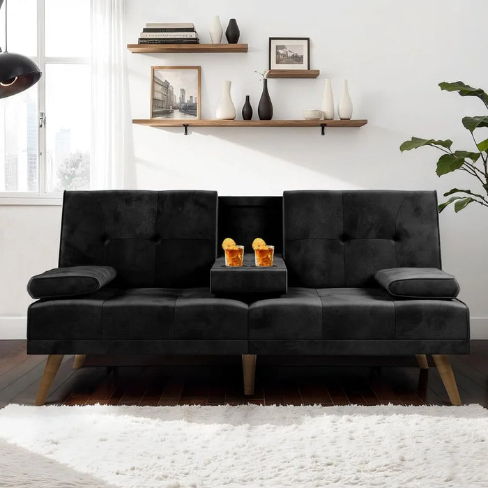 Futon Couch Sofa Bed Convertible Small Loveseat Sleeper with Cup Holder&Wood Legs&Removable Armrests,Small Spaces,Living Room