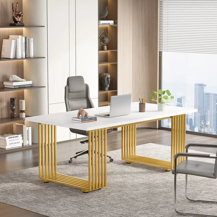 Tribesigns 70.9" Modern Office Desk, Wooden Computer Desk, White Executive Desk with Gold Metal Legs, Small Conference Table