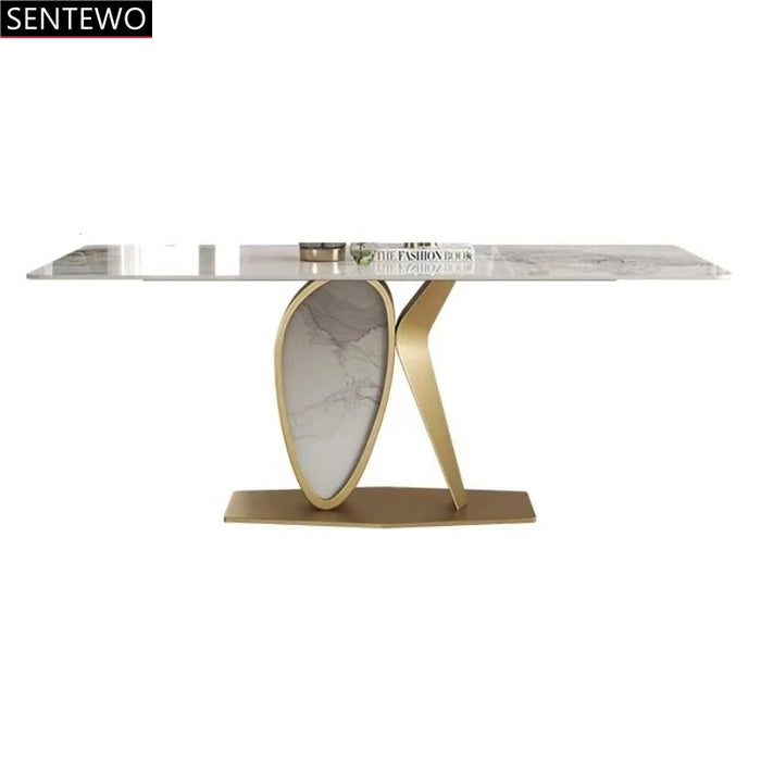 Luxury Rock Slab Kitchen Dining Table 8 Dinner Chairs Metal Titanium Gold Base Faux Marble Table Chair Set Meuble De Cuisine