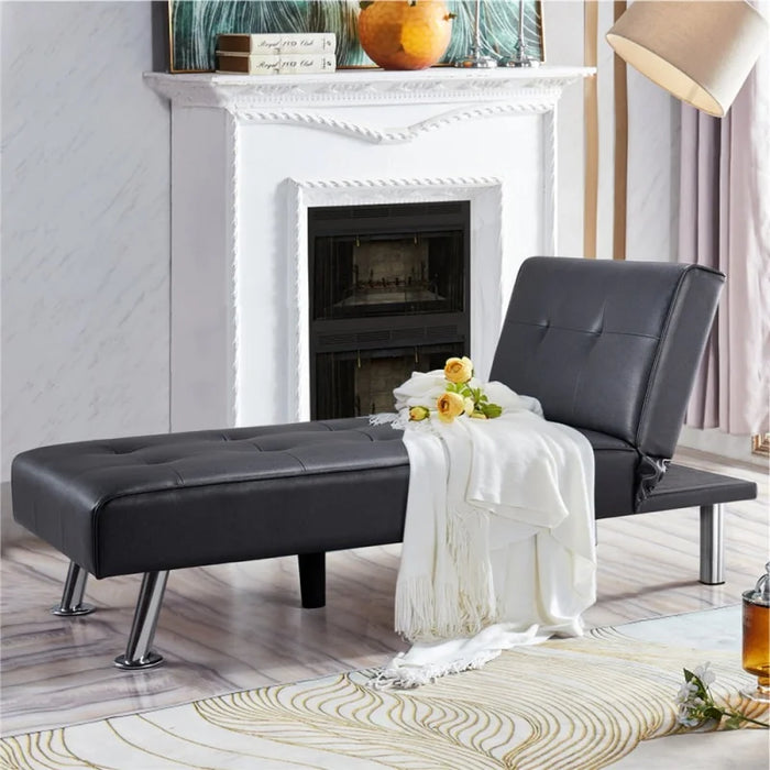 Easyfashion Convertible Faux Leather Futon Chaise Lounge, Black