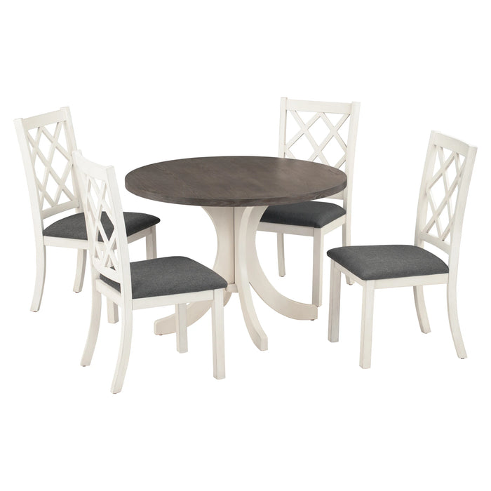 Mid-Century Solid Wood 5-Piece Round Dining Table Set with Upholstered Chairs