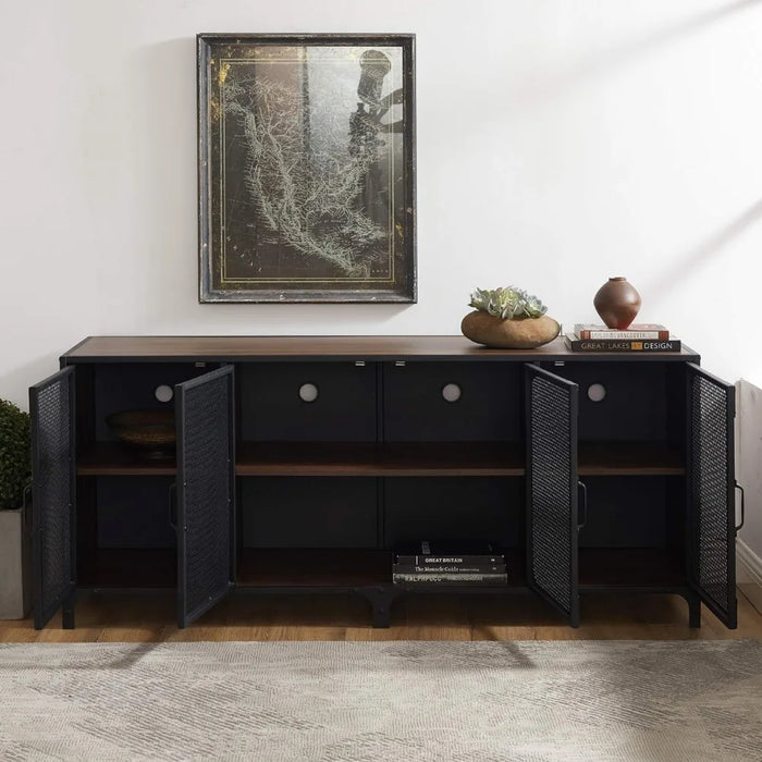 TV cabinet, 4-door metal mesh TV console, suitable for 65 inch deep walnut wood TV storage cabinet