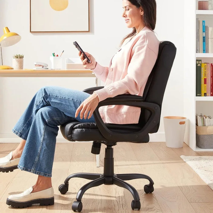 Amazon Basics Classic Puresoft PU Padded Mid-Back Office Computer Desk Chair with Armrest, 26"D x 23.75"W x 42"H, Black