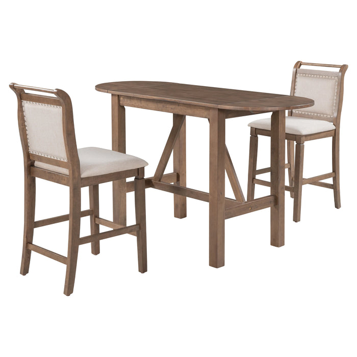 3-Piece Wood Counter Height Drop Leaf Dining Table Set with 2 Upholstered Dining Chairs for Small Spaces