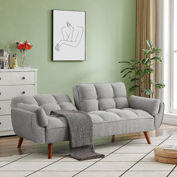 Modern Convertible Tufted Linen Upholstered Futon Sofa Daybed W/2 Pillows Luxury Sofa in the Living Room Overstuffed Comfy Home