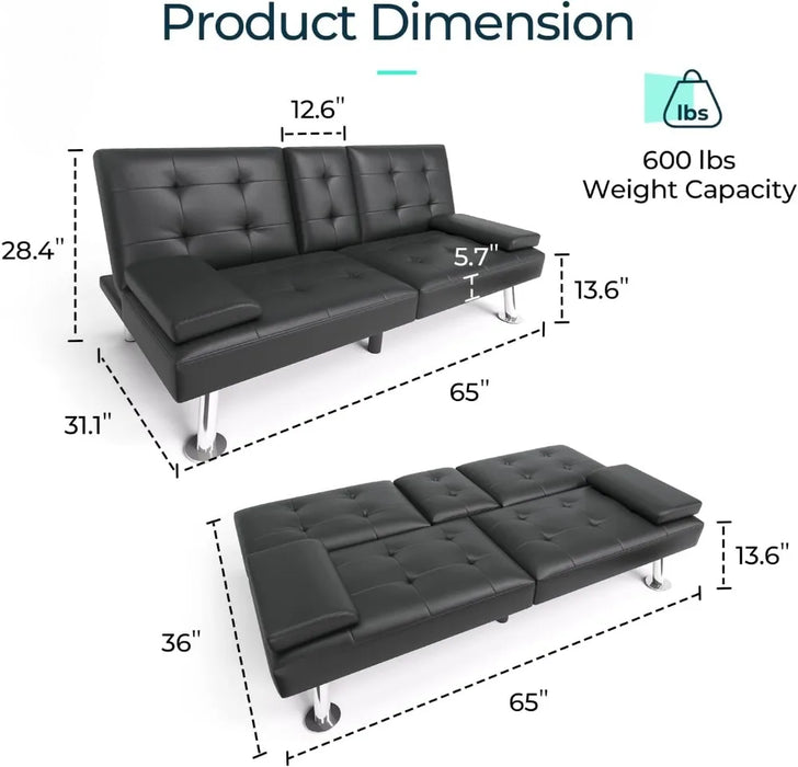 Futon, Faux Lether Futon Couch Bed, Comfy Modern Black Futon Bed, Folding Recliner Sleeper Sofa with Adjustable Backrest,