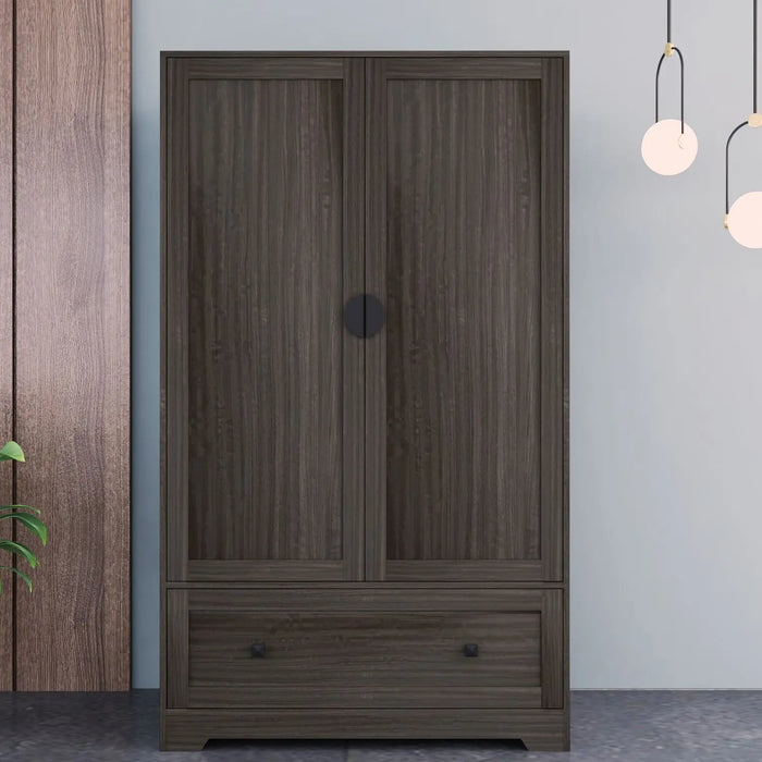 FCH MDF & Particleboard Triamine Veneer Brown 2 Doors 1 Draw Wooden Wardrobe