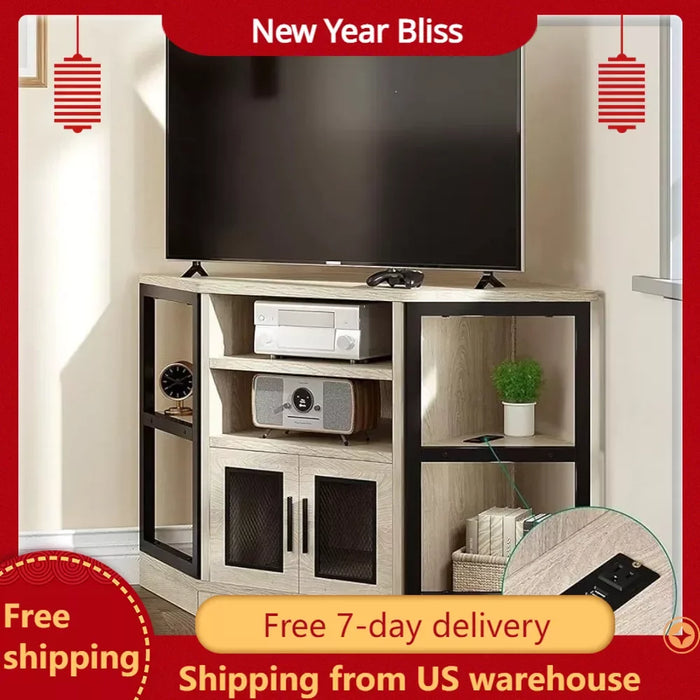 TV Bench with Power Outlet, Media Console Table with 6 Open Storage Shelves for Living Room, Corner TV Stand, 47" White Oak