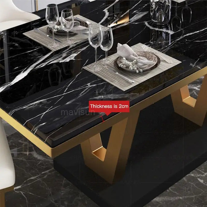 Large Family Table Dining For 8 Person Villa Hotel Luxury Glossy Marble Top Stainless Steel Frame Rectangle Desk With Chairs Set