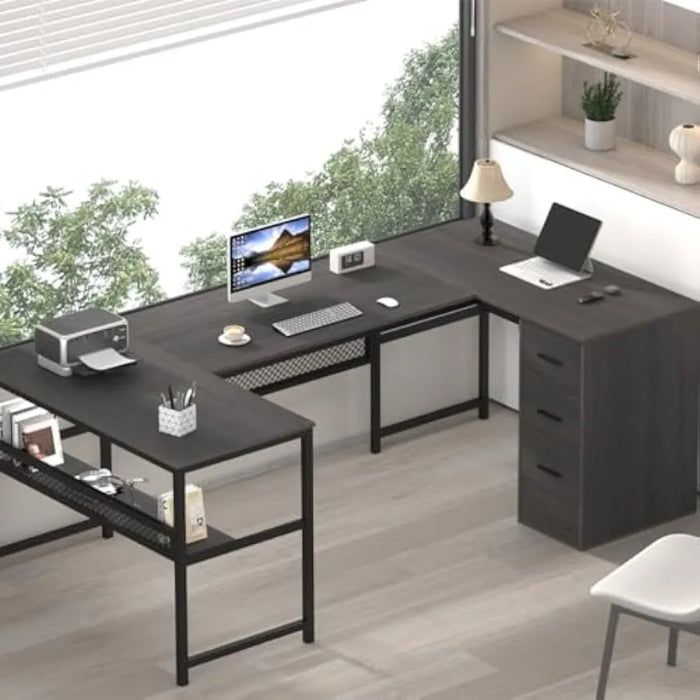 U Shaped Desk with Drawers, L Shaped Computer Desk with Storage Shelf, Large Reversible Wood Executive Home Office Desk