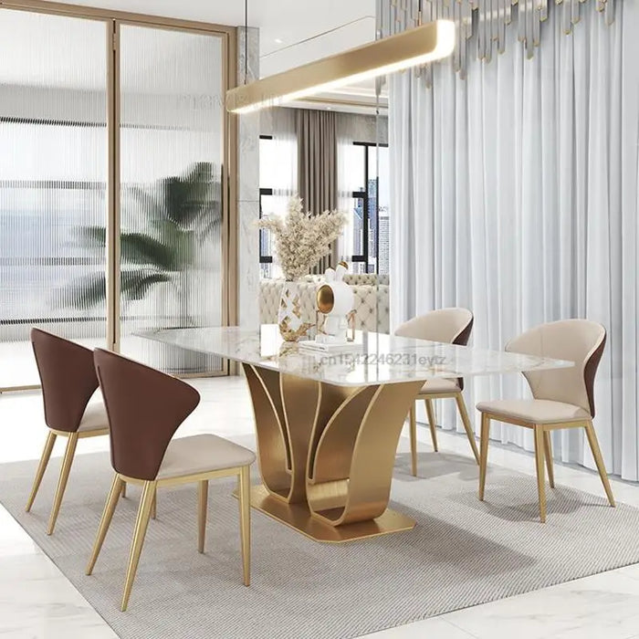 Luxury Dining Room Swan Shape Rectangular Island Table 1.8m And 6 Chairs Set Golden Coffee Kitchen Design Marble Furniture