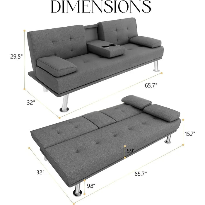 Futon Sofa Bed, Linen Fabric Futon Sofa Bed with 2 Cup Holders and Pillows, Convertible Folding Futon Couch