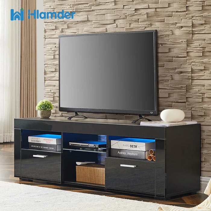 TV Stand with LED Lights and 2 Large Storage Drawer,High Glossy TV Cabinet For  Living Room or Bedroom Furniture