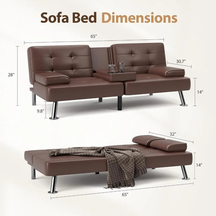 Metal Legs Sofa Cup Holders Futon Sofa Bed Sleeper Couch for Living Room Faux Leather Upholstered Loveseat W/Removable Armrests