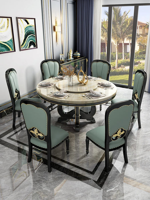 American solid wood dining table and chair combination European marble 1.3m light luxury dining table chair round with turntable