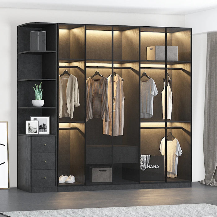 Modern simple glass door, wardrobe, LED sensor light, door to door, bedroom wardrobe