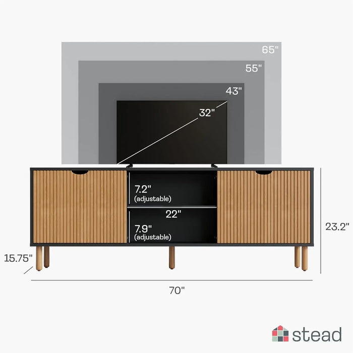 Contemporary Fluted TV Stand - Media Console - 70” Entertainment Center Console Table with Storage for Living Room