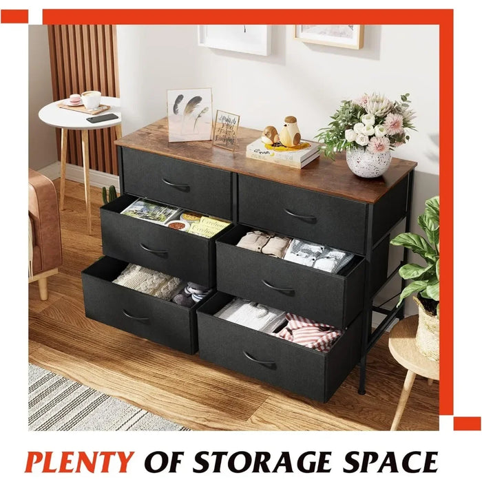 Entryway Toilet Furniture Makeup Fabric Storage Dresser for Bedroom Vanity Desk Hallway Wooden Top Wide Dresser With 6 Drawers