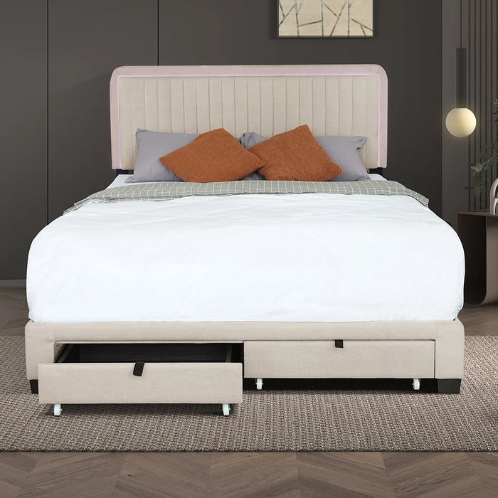 Upholstered Bed Frame With 2 Drawers 43.5''/ 47.5''Adjustable Tufted Headboard Queen Size Bed Frame For Home Bedroom
