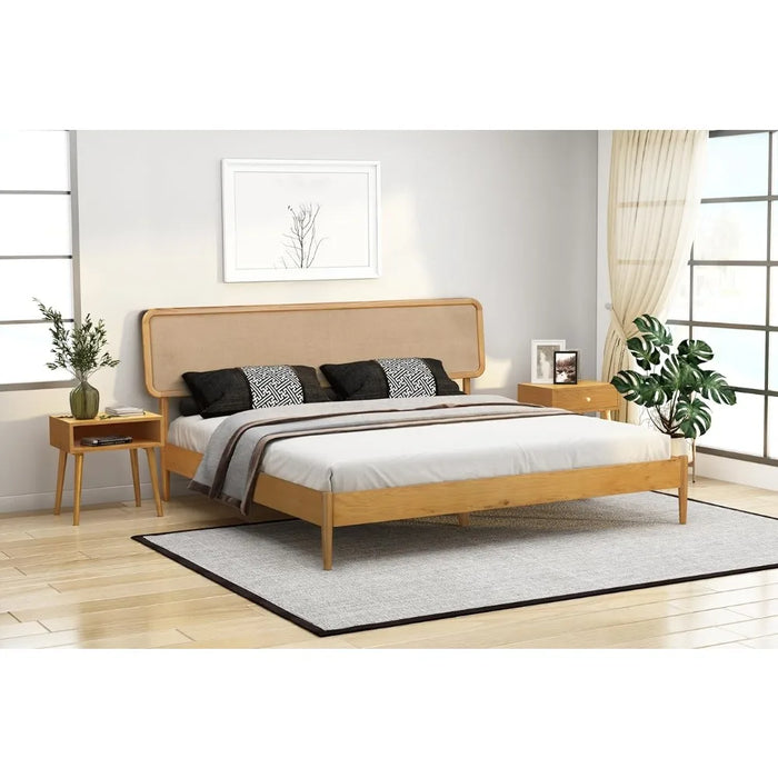 Bed Frame, Solid Oak Base with Silent Slats and Wooden Central Support, Wooden Bed Frame with Headboard