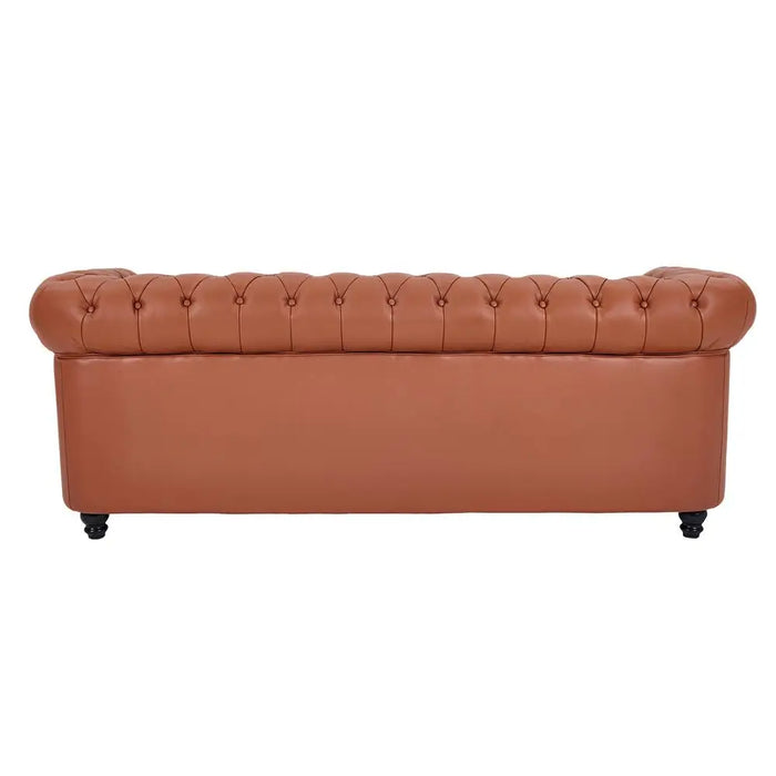 Light Brown Half Genuine Leather Chesterfield Style Sofa Couch 3-Seater With Cushions