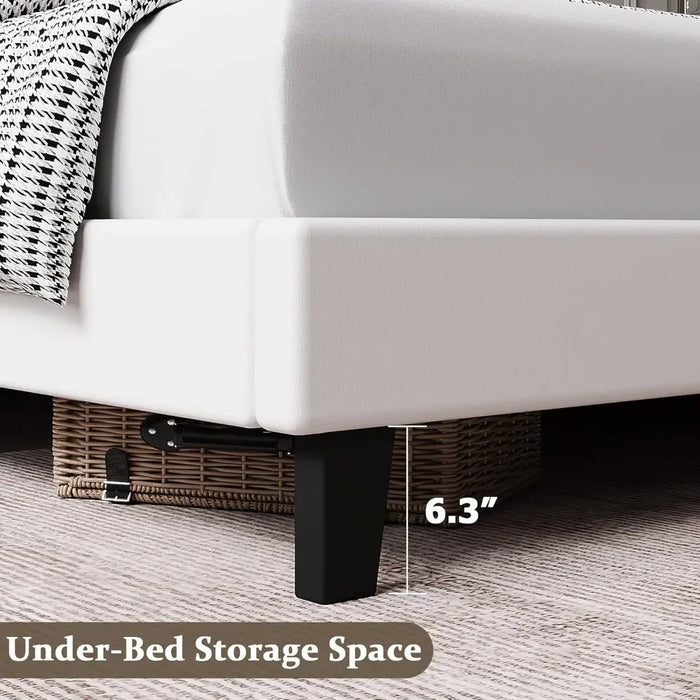 Bedroom furniture: full-size bed frame with adjustable headboard, button-tufted faux leather, upholstered, white