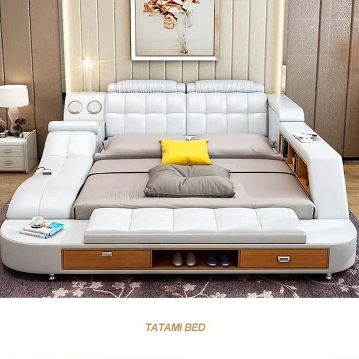 Multifunctional Master Bedroom Leather Queen Double Size Bed Modern Ultimate Smart Bed With Storage Luxury Bedroom Furniture