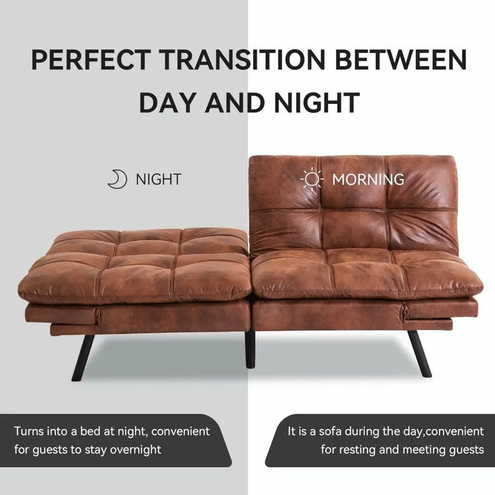 Convertible Futon Sofa Bed,Memory Foam Loveseat,Small Euro Lounger Sofa For Compact Living Spaces,Living Room,Brown Leather