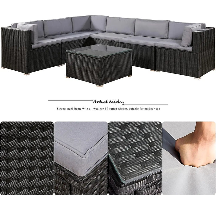 7Pcs Patio Furniture Set Outdoor Sectional Conversation Set 3 Corner Sofa+3 Middle Sofa+1 Coffee Table w/ Soft Cushion[US-Stock]