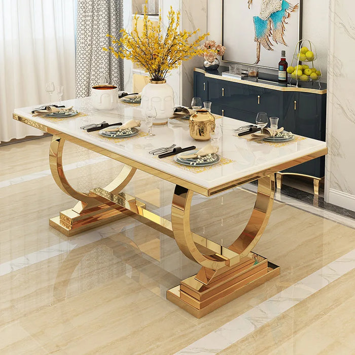 Modern light luxury marble dining table and chair combination Italian rectangular dining table simple household stainless steel