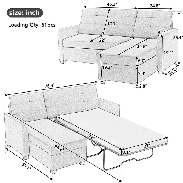 78.3" Linen Pull Out Convertible Sleeper Sofa Bed with Storage Chaise,Memory Foam Mattress