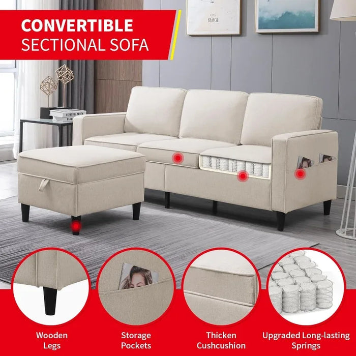 Modular Sectional Sofa Couch for Living Room, Convertible Sofa with Storage Ottoman, Modern Linen Fabric L-Shaped Couch