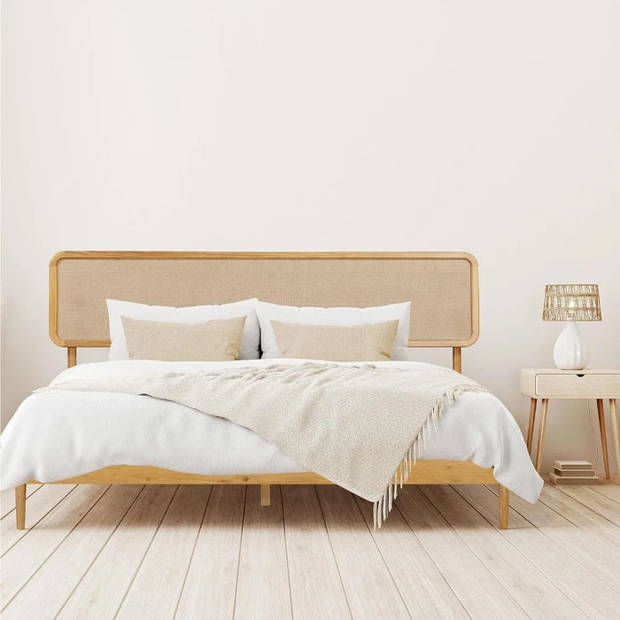 Bed Frame, Solid Oak Base with Silent Slats and Wooden Central Support, Wooden Bed Frame with Headboard