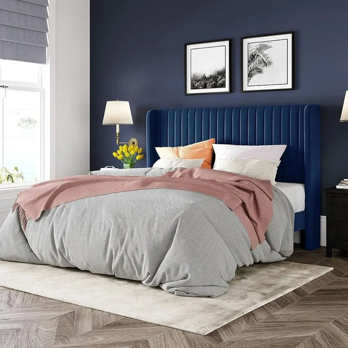 Bed FrameFull-size velvet Bed Frame, vertical groove tufted wingback headboard, sturdy wood slats, blue, upholstered platform be