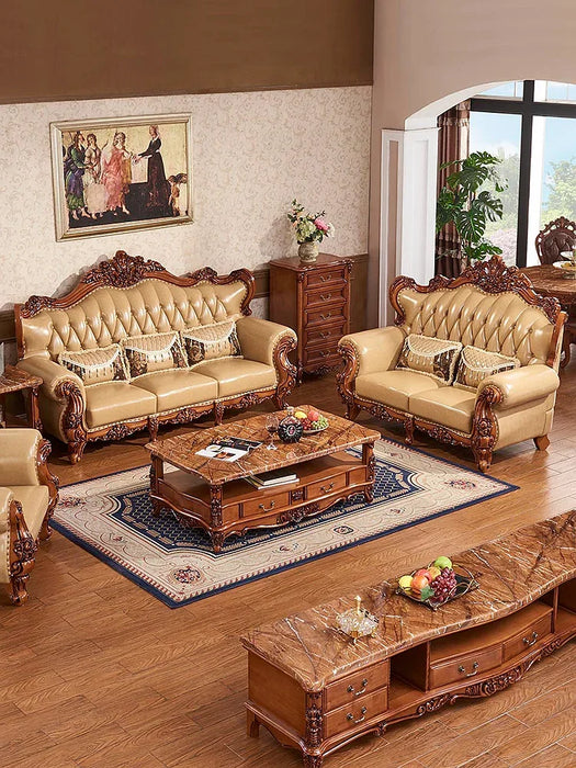Leather sofa solid wood suite villa first floor leather living room luxury retro sofa