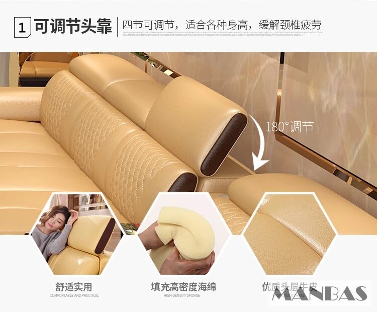 MANBAS Italian Genuine Leather Sectional Sofa Set with Cup Holder, Adjustable Headrests & Bluetooth Speaker Living Room Couch