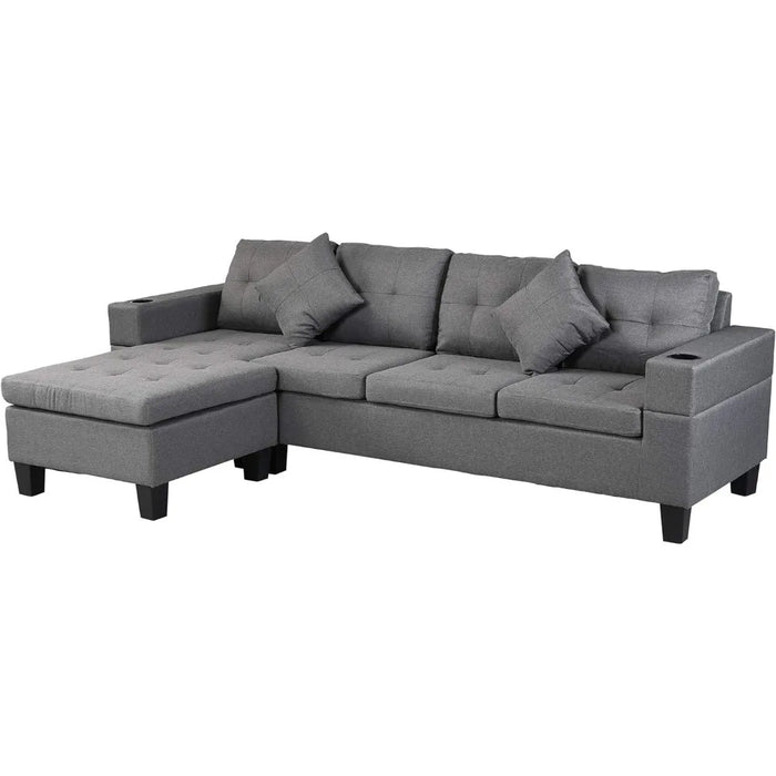 Modular Sofa Set with L-shaped Lounge Living Room, Cup Holder and Left-hand Chaise Longue Modern 4-seater, Grey