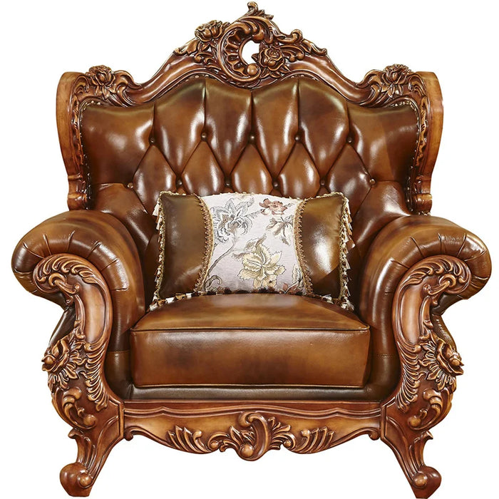 Antique Dark European Leather Sofa First Layer Cowhide Villa Large Living Room Solid Wood Carved Sofas Modernos Para Sala
