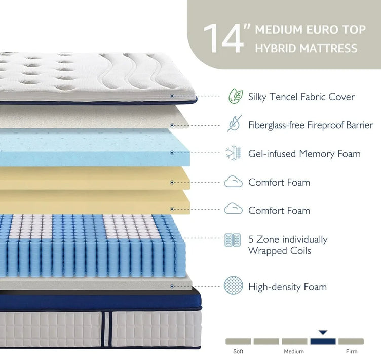 14 Inch King Mattress, Gel Memory Foam Innerspring Hybrid King Mattress with Tencel Cover