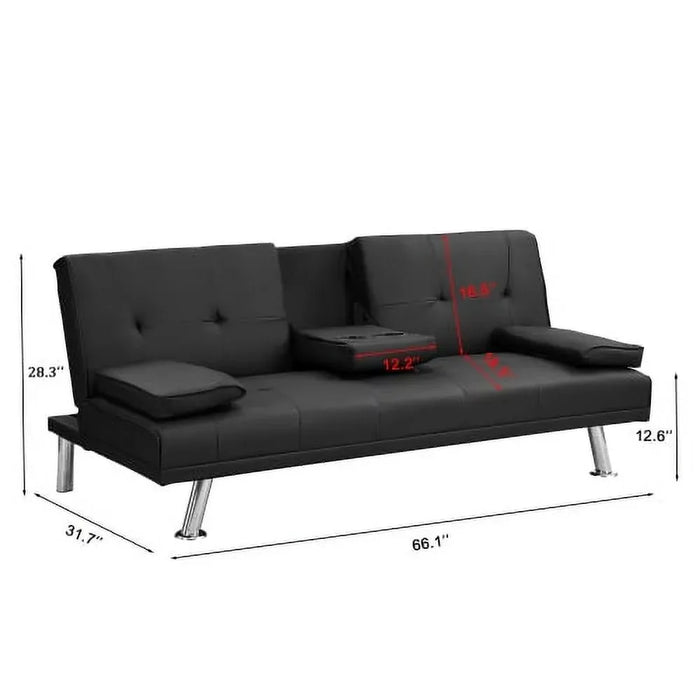 Modern Faux Leather Futon With Cupholders and Pillows Sofa Living Room Sofas Black Furniture Home Sofa