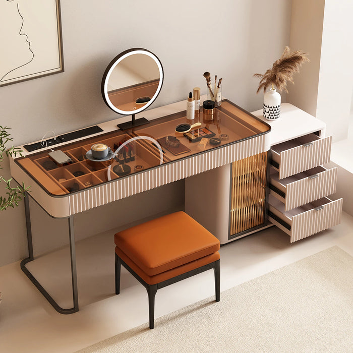 Italian Minimalist Computer Desk and Dressing Table Combo with Mirror, Luxurious and Expandable with Cabinets, Corner Bookshelf