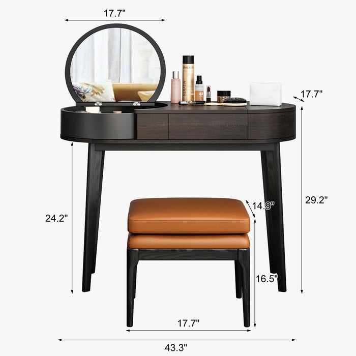 Elegant Vanity: Dressing Table and Stool Set. Ornate Makeup Table with Mirror, Rotating Drawers, and Concealable Mirrors