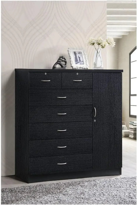 7 Drawer Jumbo Chest, Five Large Drawers, Two Smaller Drawers with Two Lock, Hanging Rod, and Three Shelves | Black