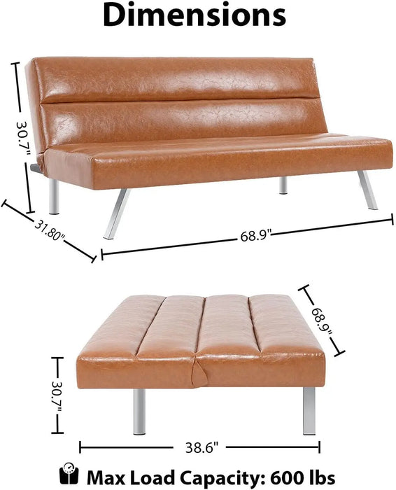 Faux Leather Classic Futon Sofa Bed, Pull Out Sofa Bed Couch with Metal Legs, Reclining Folding Small Couch Bed