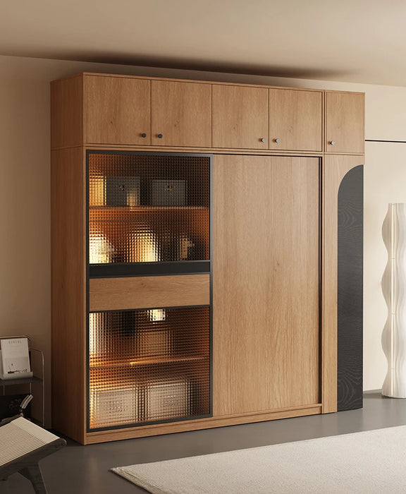 Nordic glass door solid wood wardrobe small bedroom large capacity combination locker wardrobe
