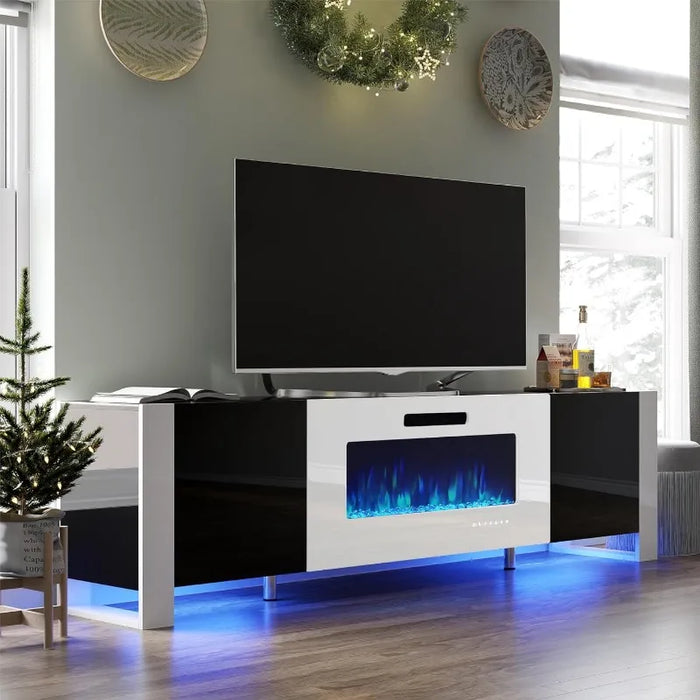 70" Fireplace TV Stand, High Gloss Entertainment Center with LED Lights, Modern Entertainment Stand for TVs up to 80", Black