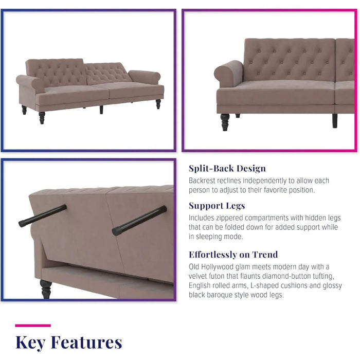 Cassidy Upholstered Futon Recliner Sofa Blush Velvet Living Room Sofas Beds Livingroom Furniture Sets Convertible Sofa Bed Home