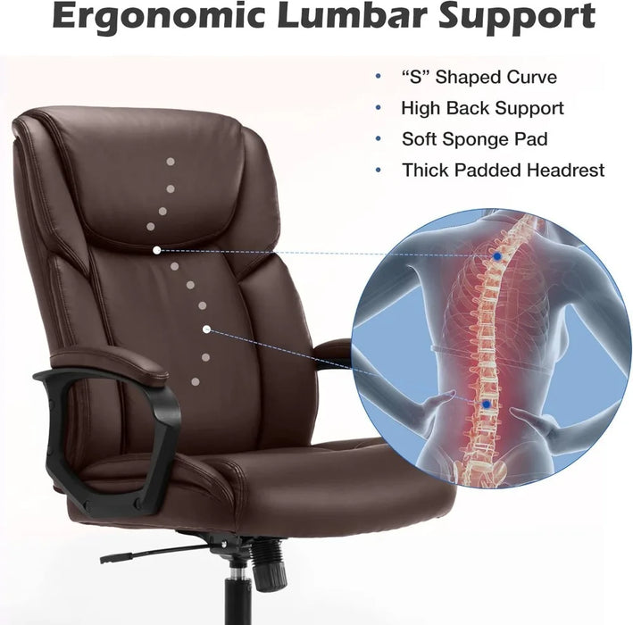 Executive Office Chair - Ergonomic Home Computer Desk Chair for Heavy People with Wheel, Lumbar Support, PU Leather, Adjustabl